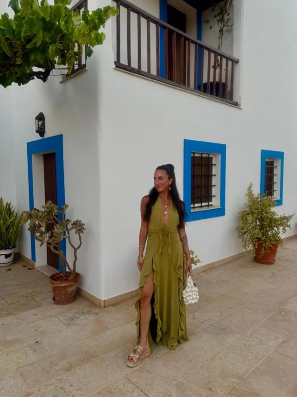 WeWoreWhat Halter Ruffle Maxi Dress Olive Green with Slits & Front Rosette - Picture 5 of 13